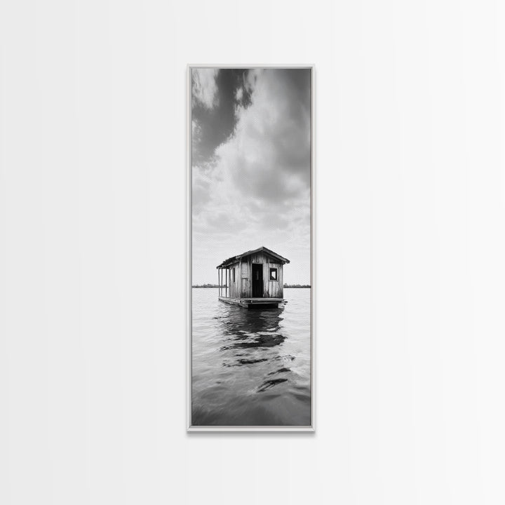 Floating Cabin, Water House, Tranquil Escape, Framed Canvas Print, Serene lake house wall art, Cabin decor, Nature minimalist bathroom print