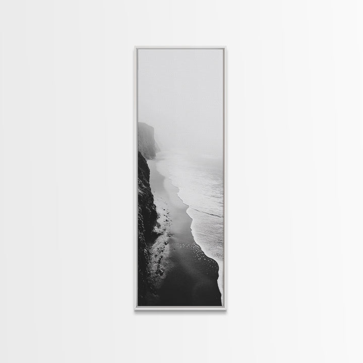 Foggy Cliffs, Ocean Shoreline, Monochrome Beach, Canvas Print, Black and white beach art, Coastal minimalist hallway decor, Modern seascape gift