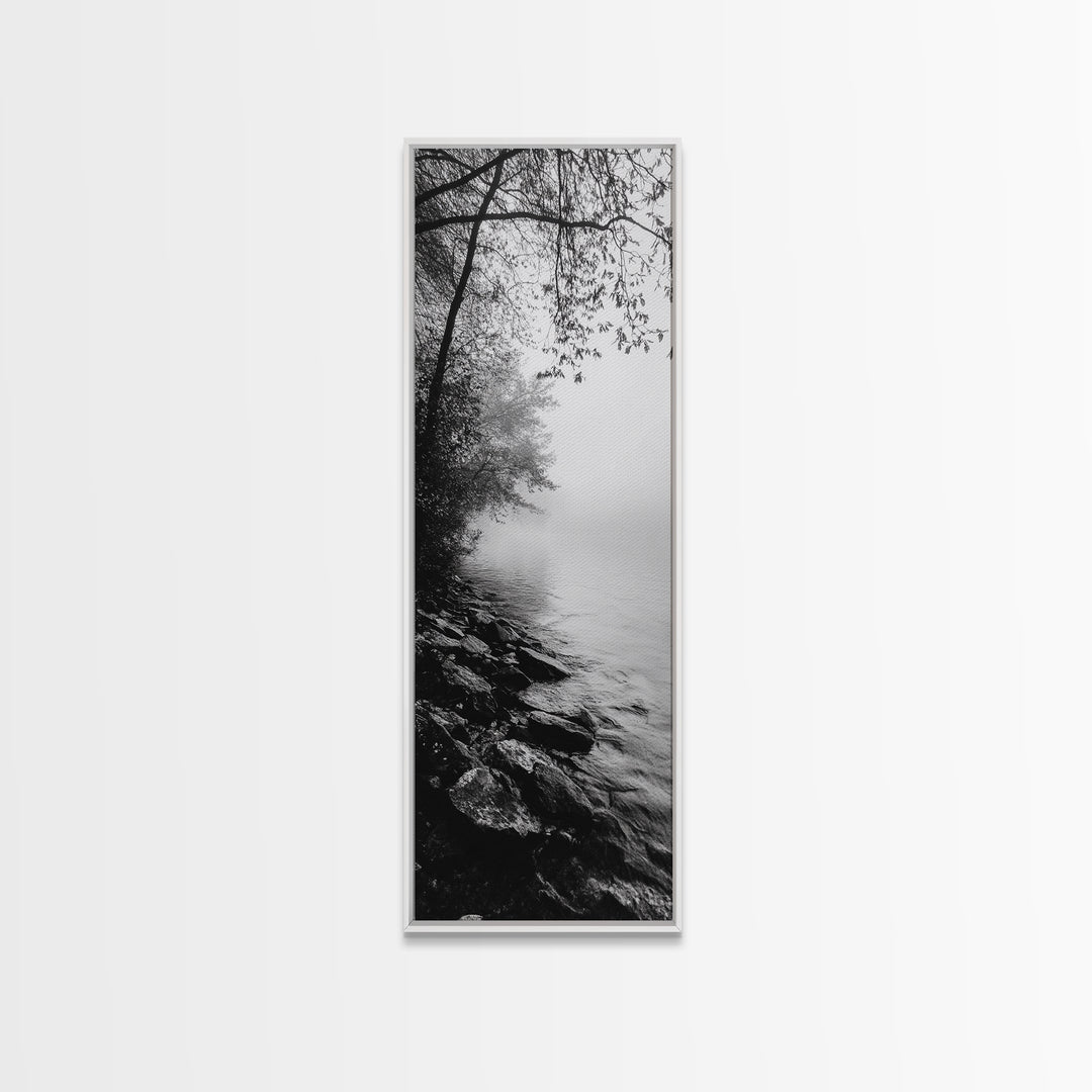 Lakeside Mist, Rocky Shoreline, Tranquil Forest, Framed Canvas Print, Peaceful woodland wall art, Fall neutral decor, Nature themed office print