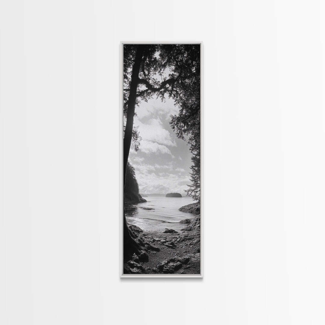 Island View, Forest Coastline, Secluded Shore, Tranquil Ocean Scene, Canvas Print, Boho Decor, Entryway Wall Art, Nature Wall Aesthetic