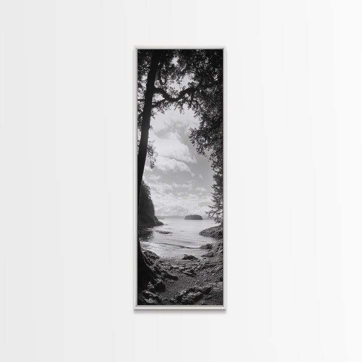 Island View, Forest Coastline, Secluded Shore, Tranquil Ocean Scene, Canvas Print, Boho Decor, Entryway Wall Art, Nature Wall Aesthetic