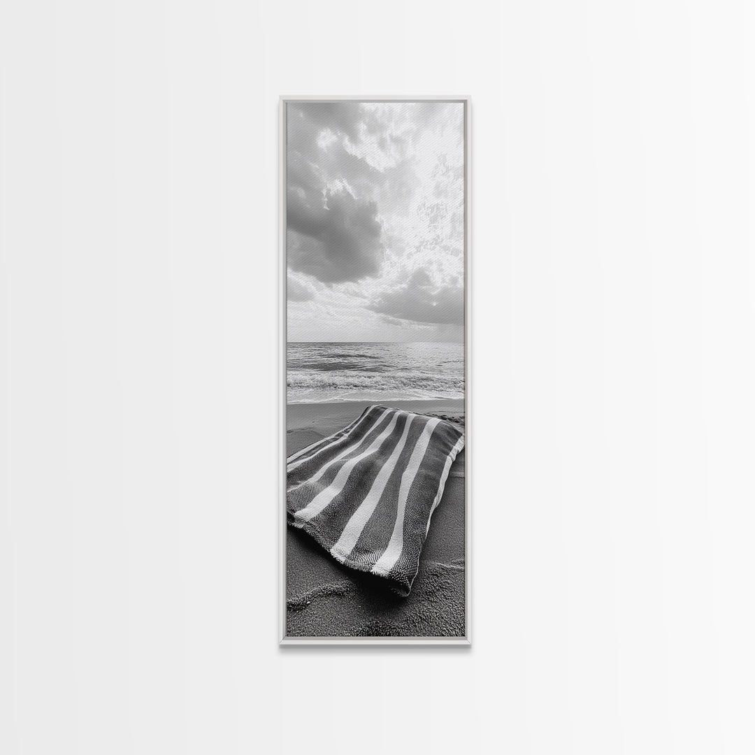 Beach Towel View, Ocean Breeze, Seaside Calm, Striped Blanket, Relaxation Mood, Framed Canvas Print, Bathroom Wall Art, Minimalist Coastal Art