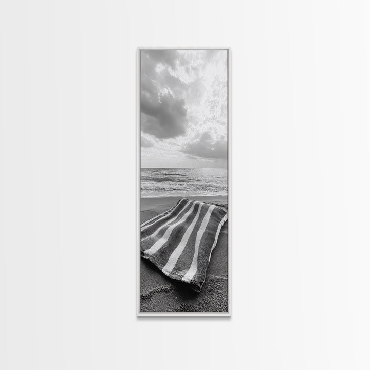 Beach Towel View, Ocean Breeze, Seaside Calm, Striped Blanket, Relaxation Mood, Framed Canvas Print, Bathroom Wall Art, Minimalist Coastal Art