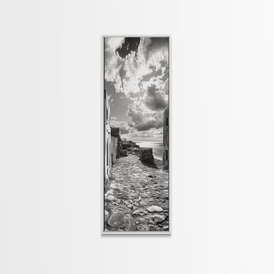 Coastal Street, Ocean View, Mediterranean Charm, Monochrome Photography, Framed Canvas Print, Living Room Print, Kitchen Wall Art