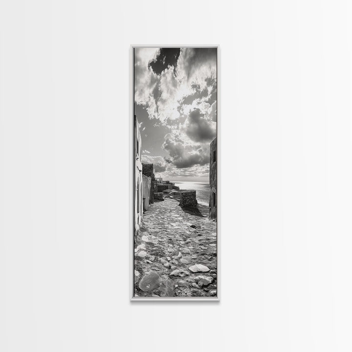 Coastal Street, Ocean View, Mediterranean Charm, Monochrome Photography, Framed Canvas Print, Living Room Print, Kitchen Wall Art