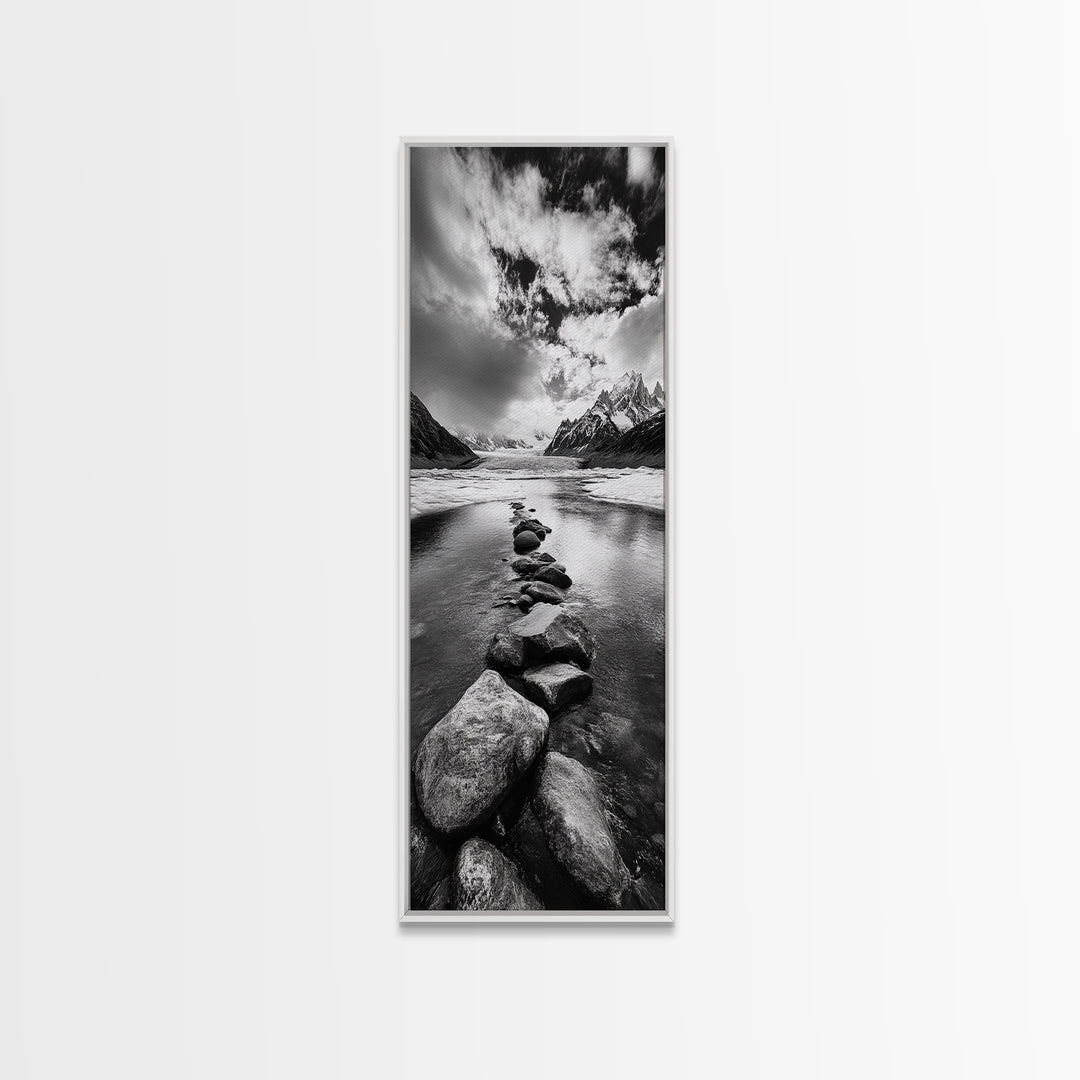 Mountain Stream, Stone Path, Black and White Nature, Scenic Landscape, Framed Canvas Print, Modern Cabin or Rustic Wall Decor, Office Art