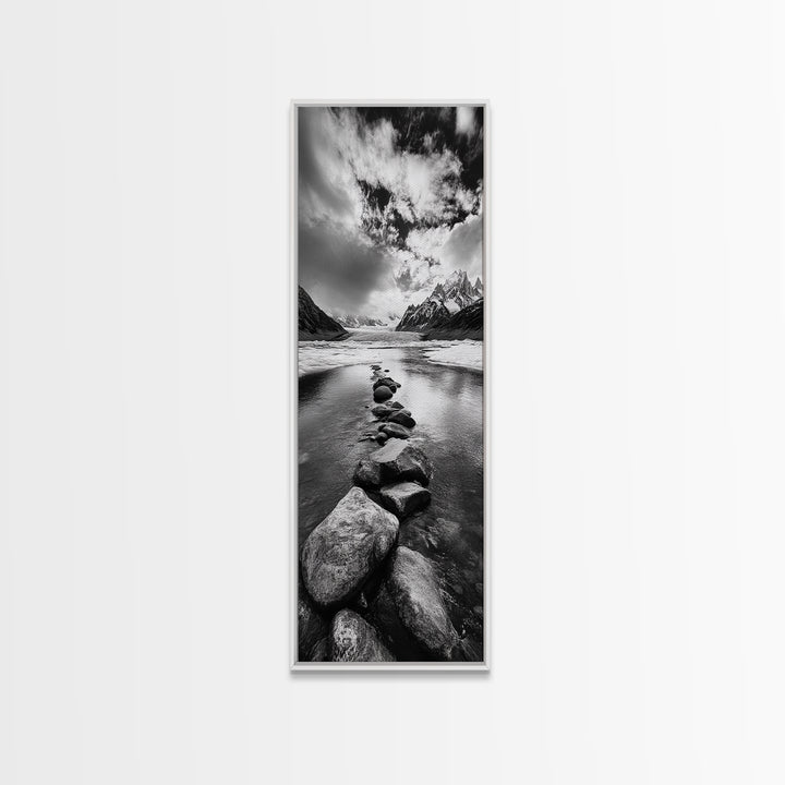 Mountain Stream, Stone Path, Black and White Nature, Scenic Landscape, Framed Canvas Print, Modern Cabin or Rustic Wall Decor, Office Art