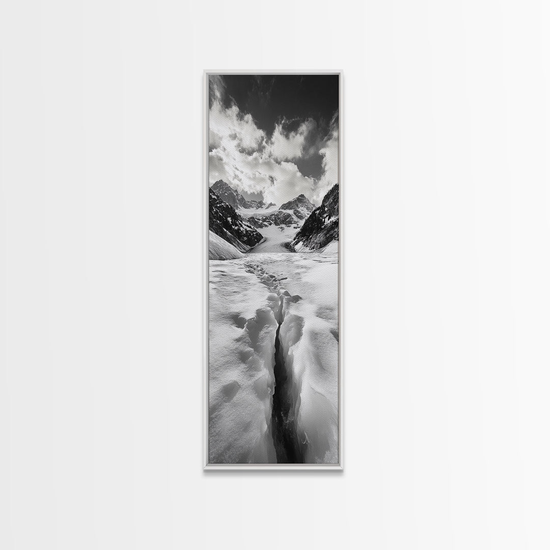 Glacier Trail, Snowy Valley, Black and White Mountain Art, Crevasse Texture, Canvas Print, Winter Landscape, Office Print, Entry Wall Art