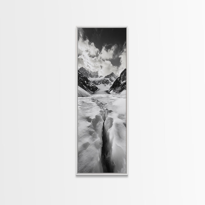 Glacier Trail, Snowy Valley, Black and White Mountain Art, Crevasse Texture, Canvas Print, Winter Landscape, Office Print, Entry Wall Art