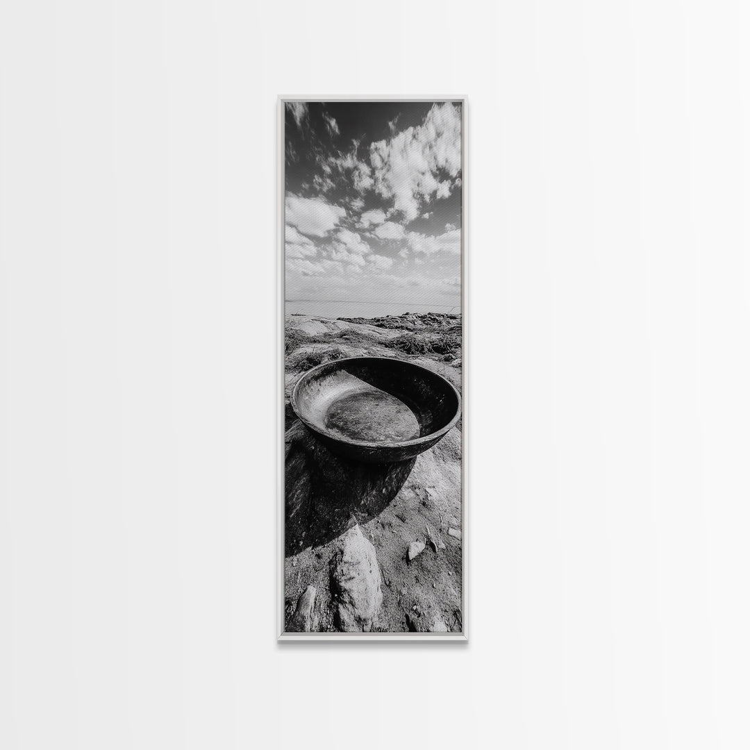 Desert Bowl, Coastal Landscape, Black and White Texture, Minimal Earth Tones, Framed Canvas Print, Rustic Farmhouse Kitchen Wall Art