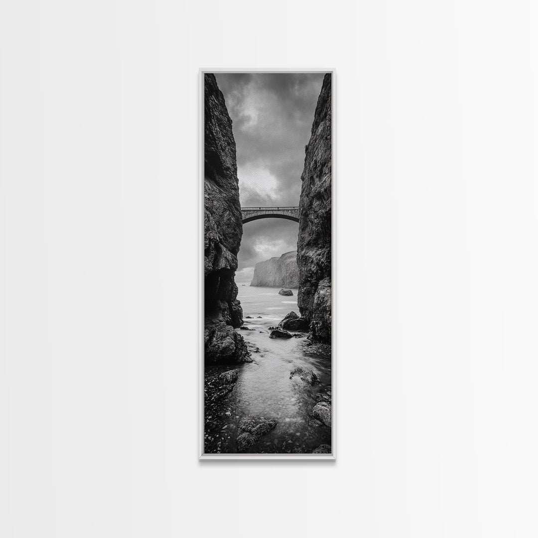 Sea Arch, Cliff Bridge, Coastal Landscape, Dramatic Ocean View, Black and White Framed Canvas Print, Bathroom Art, Hallway Wall Art