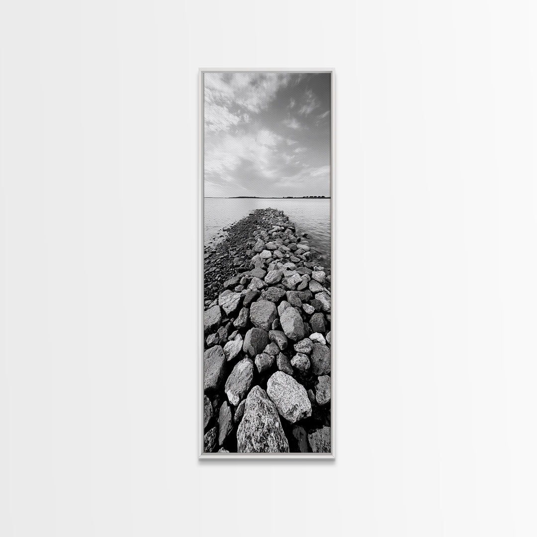 Rocky Jetty, Ocean Horizon, Black and White Seascape, Minimalist Nature, Canvas Print, Neutral Wall Decor, Office Wall Art, Hallway Decor