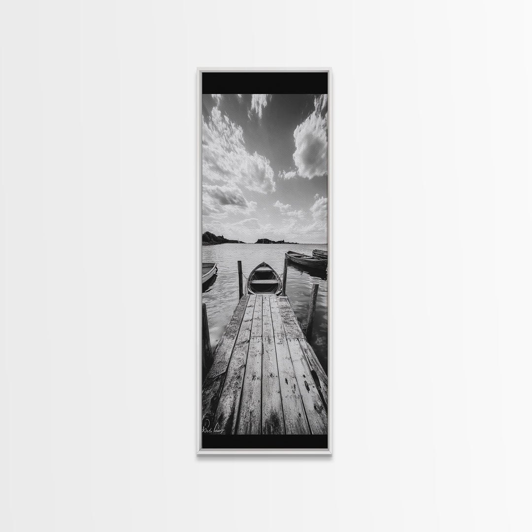 Docked Rowboat, Calm Waters, Rustic Pier, Serene Lake View, Framed Canvas Print, Black and White Coastal Art, Bedroom Wall Decor