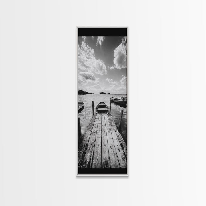 Docked Rowboat, Calm Waters, Rustic Pier, Serene Lake View, Framed Canvas Print, Black and White Coastal Art, Bedroom Wall Decor