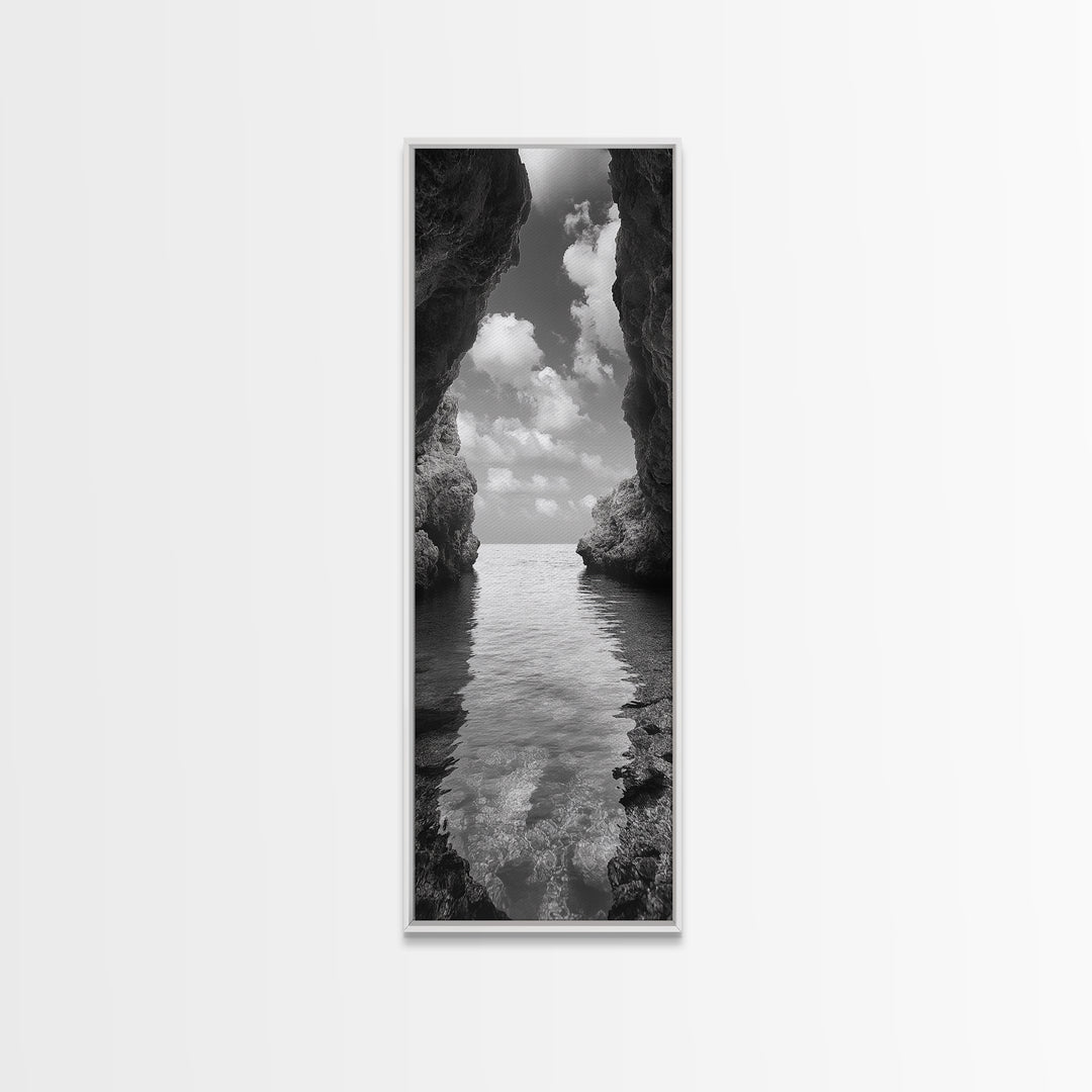 Ocean Cave, Tranquil Waters, Cloudy Sky, Coastal Wall Art, Canvas Print, Black and White Nature Decor, Modern Beach House Wall Art