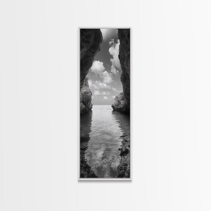 Ocean Cave, Tranquil Waters, Cloudy Sky, Coastal Wall Art, Canvas Print, Black and White Nature Decor, Modern Beach House Wall Art