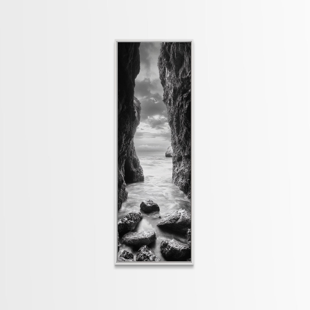 Rocky Passage, Seaside View, Cave Entrance, Dramatic Nature Scene, Framed Canvas Print, Moody Black and White Bedroom Wall Art, Hallway Decor