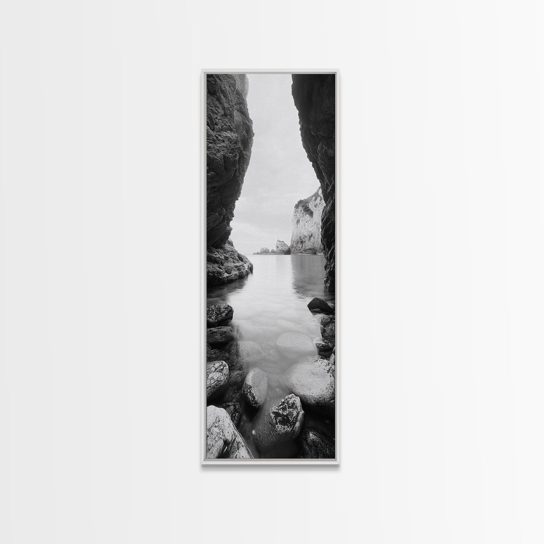 Cliff View, Hidden Bay, Ocean Serenity, Rock Formations, Canvas Print, Black and White Coastal Landscape, Entryway Art, Dining Wall Art