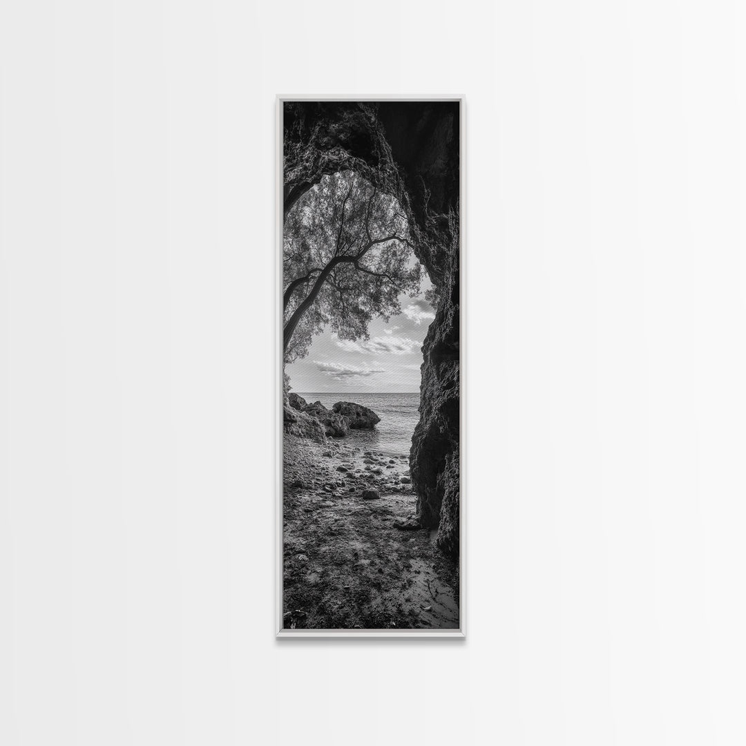 Cave View, Coastal Tree, Ocean Horizon, Black and White Landscape, Canvas Print, Rustic Seaside Art, Living Room Art, Entry Wall Decor