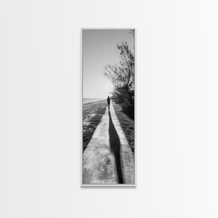 Walkway Shadows, Coastal Path, Minimalist Silhouette, Black and White Art, Framed Canvas Print, Hallway Decor, Calm Modern Wall Art