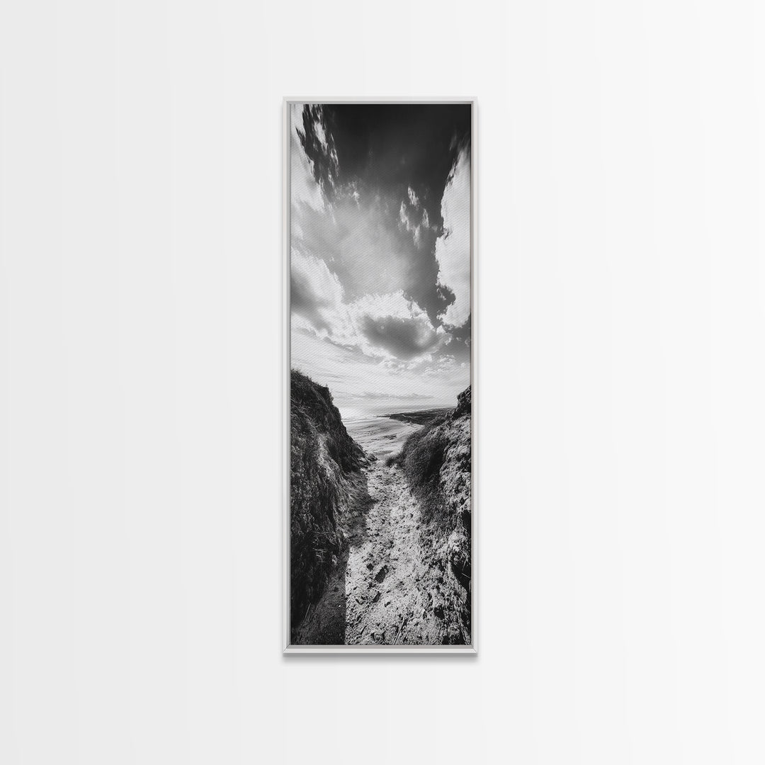 Cliffside Horizon, Beach Escape, Black and White Nature, Framed Canvas Print, Coastal Wall Art, Entryway Decor, Minimalist Aesthetic