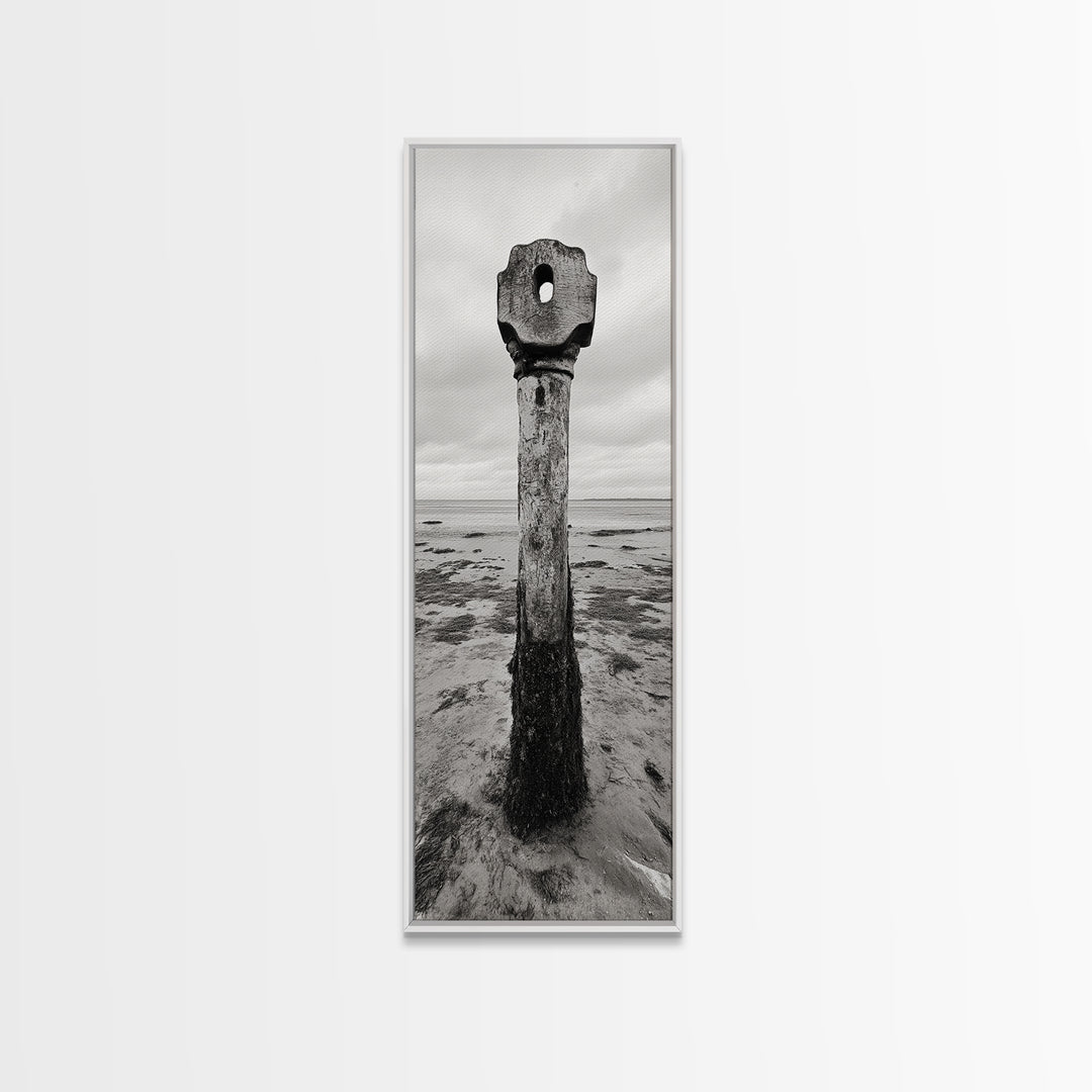 Driftwood Totem, Coastal Pillar, Ocean Beach Monochrome, Framed Canvas Print, Rustic Wall Art, Boho Bedroom Decor, Nature Photography