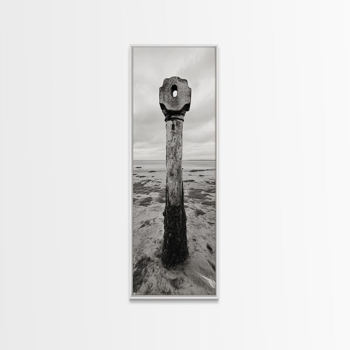 Driftwood Totem, Coastal Pillar, Ocean Beach Monochrome, Framed Canvas Print, Rustic Wall Art, Boho Bedroom Decor, Nature Photography