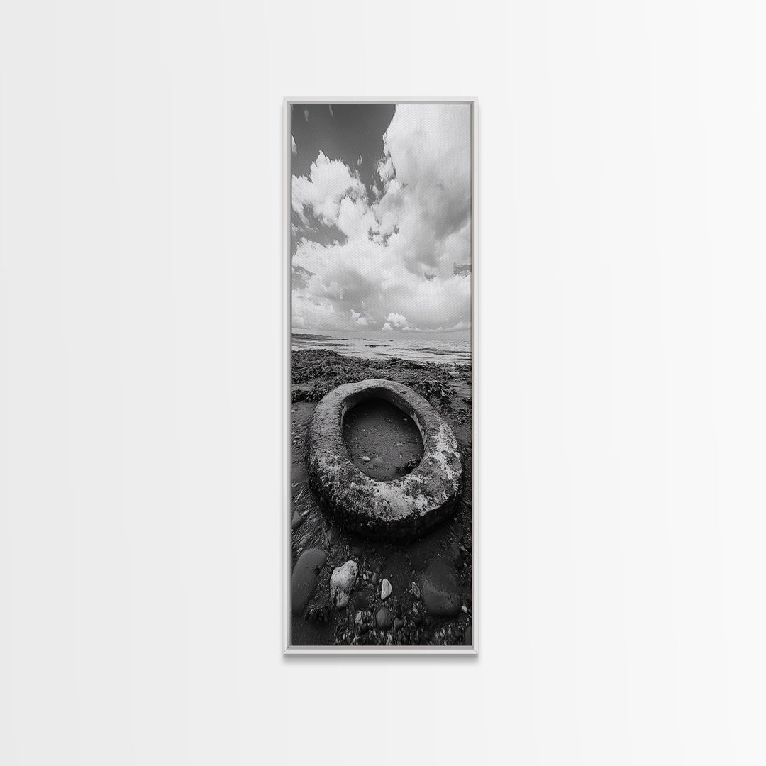Tidepool Relic, Seaside Ruins, Moody Beach Scene, Framed Canvas Print, Coastal Bathroom Art, Ocean Inspired Decor, Surreal Photography