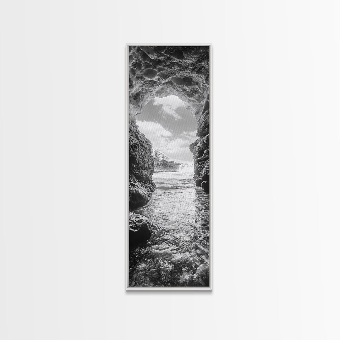 Sea Cave View, Ocean Opening, Rugged Rock Passage, Framed Canvas Print, Coastal Wall Art, Adventure Decor, Modern Rustic Style