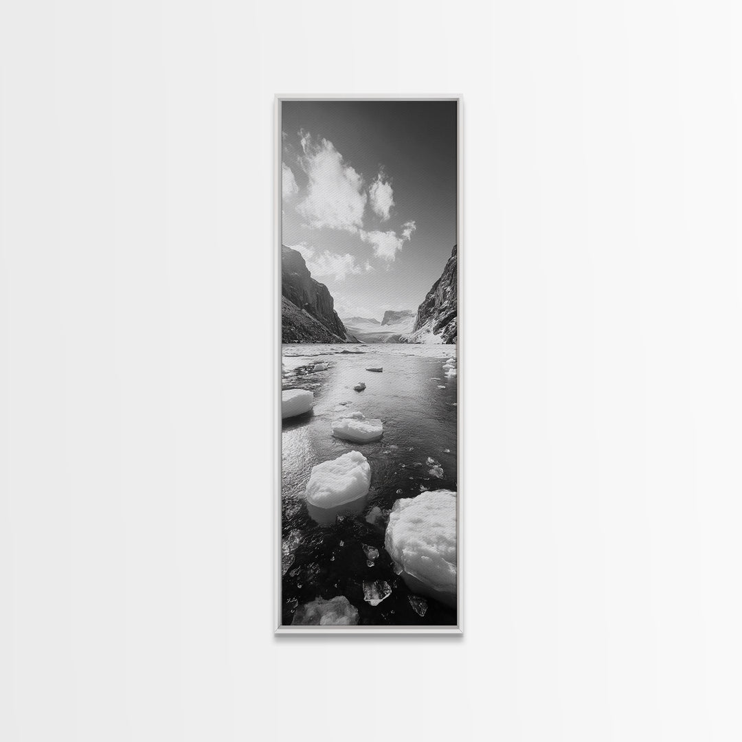 Arctic River, Snowy Mountains, Glacier Melt, Framed Canvas Print, Winter Landscape Art, Modern Living Room Decor, Nordic Aesthetic