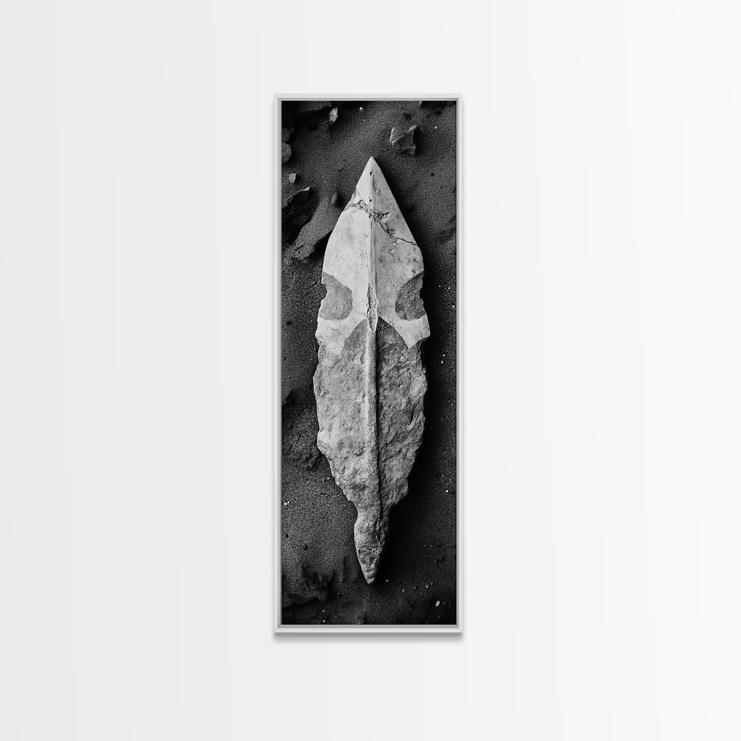 Ancient Arrowhead, Primitive Stone, Monochrome Artifact, Framed Canvas Print, Masculine Office Art, Boho Study Decor, Earthy Design