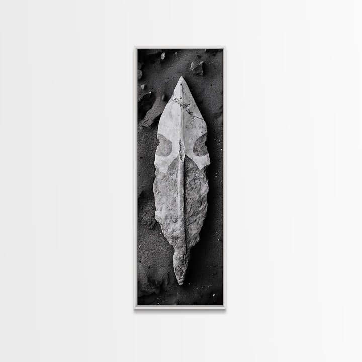Ancient Arrowhead, Primitive Stone, Monochrome Artifact, Framed Canvas Print, Masculine Office Art, Boho Study Decor, Earthy Design
