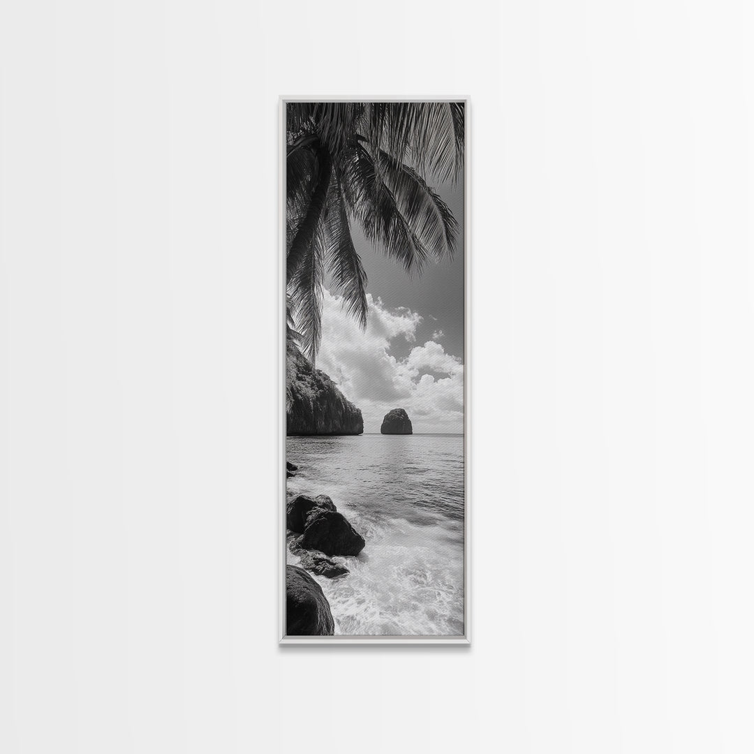 Island View, Palm Shoreline, Tropical Escape, Framed Canvas Print, Beach House Wall Art, Coastal Summer Decor, Zen Ocean Aesthetic
