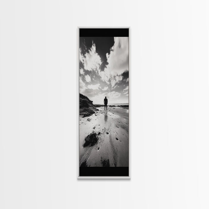 Lone Beach Walker, Dramatic Sky, Ocean Reflections, Solitude Moment, Framed Canvas Print, Hallway Wall Art, Moody Minimalist Decor
