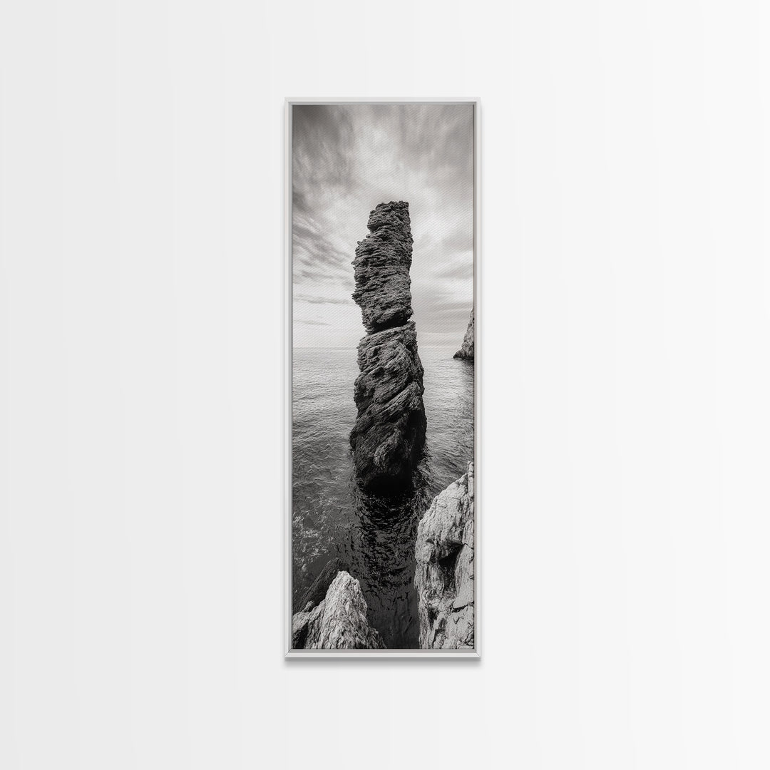 Coastal Rock, Ocean Tower, Nature Photography, Framed Canvas Print, Minimalist Wall Decor, Living Room Wall Art, Black and White Seascape