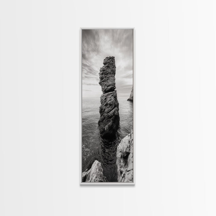 Coastal Rock, Ocean Tower, Nature Photography, Framed Canvas Print, Minimalist Wall Decor, Living Room Wall Art, Black and White Seascape