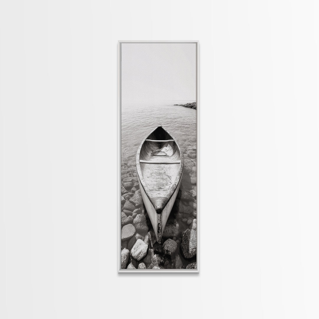 Rowboat Stillness, Peaceful Waters, Lake Canoe, Canvas Print, Entryway Wall Art, Minimalist Home Decor, Black and White Photography