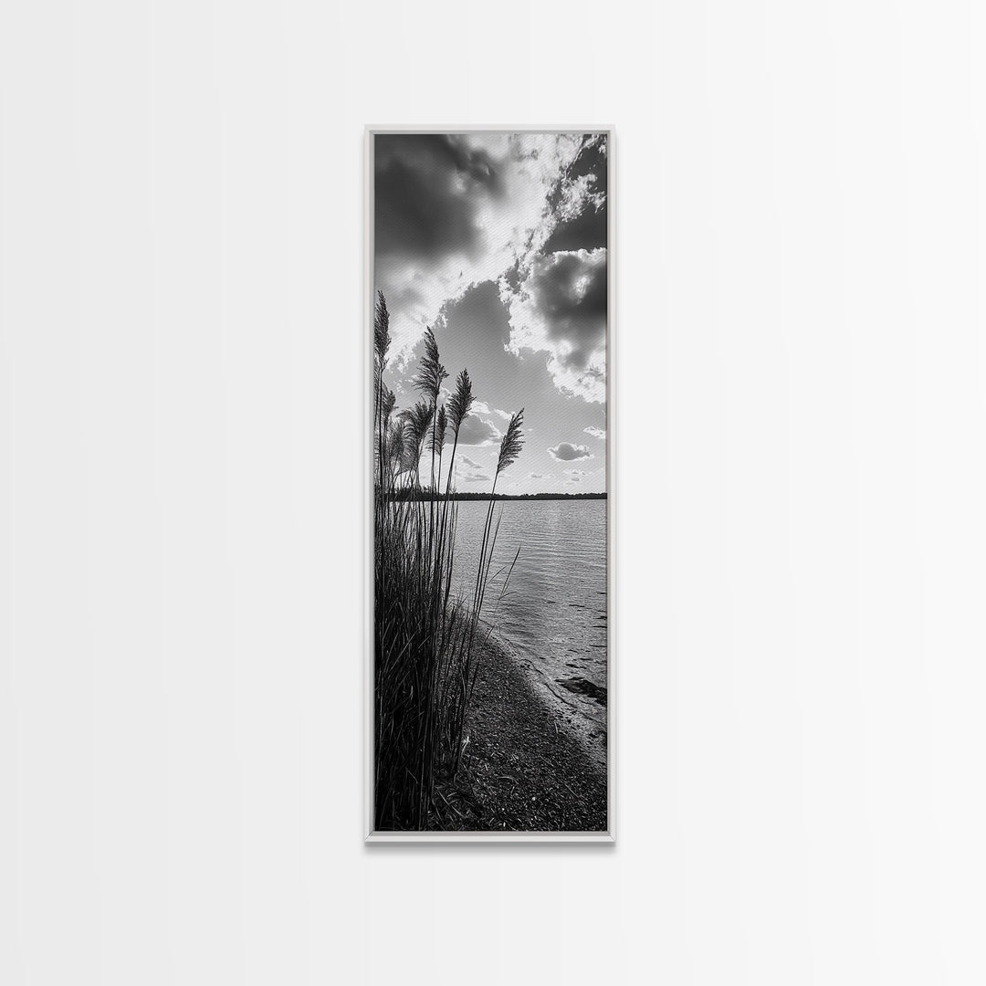 Reeds at Sunset, Lake Shoreline, Tranquil Water, Framed Canvas Print, Entryway Wall Art, Autumn Decor, Natural Photography, Neutral Tones