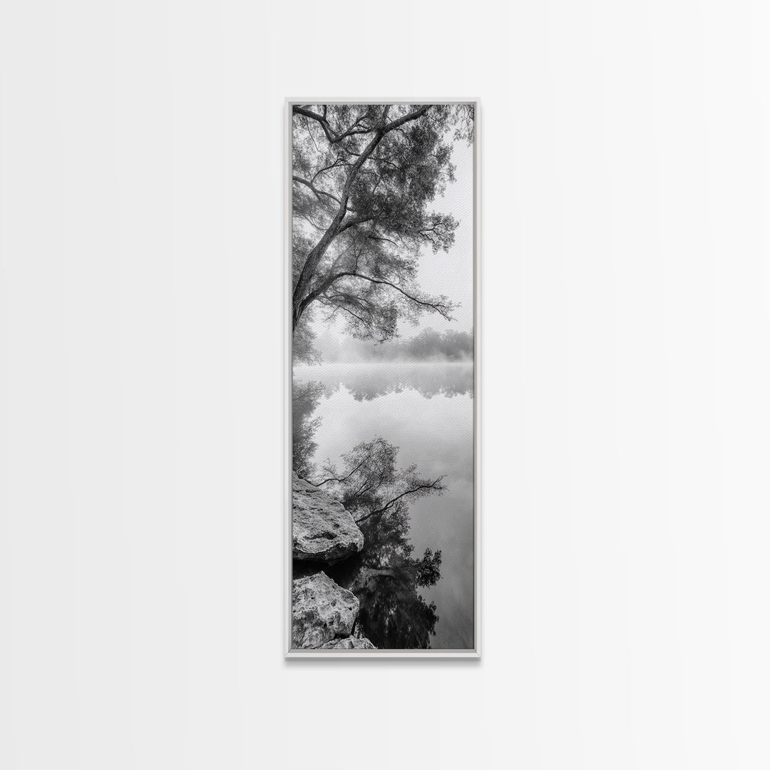 Misty Lake, Tree Reflection, Tranquil Morning, Framed Canvas Print, Bedroom Wall Art, Serene Nature Photography, Minimalist Art Style