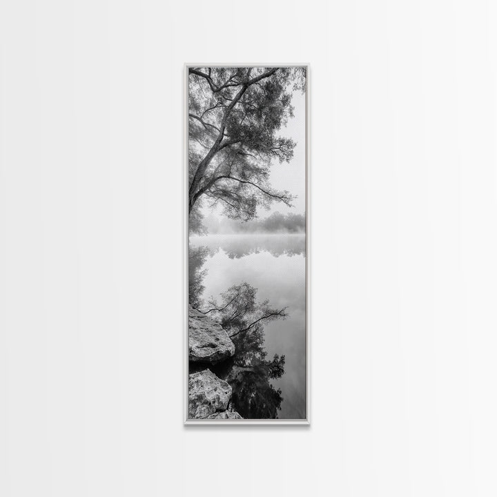 Misty Lake, Tree Reflection, Tranquil Morning, Framed Canvas Print, Bedroom Wall Art, Serene Nature Photography, Minimalist Art Style