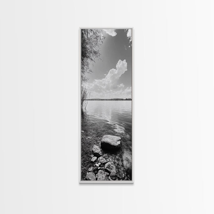 Peaceful Lake, Cloud Reflection, Shoreline Stones, Framed Canvas Print, Guest Room Wall Art, Nature Inspired Decor, Minimalist Landscape