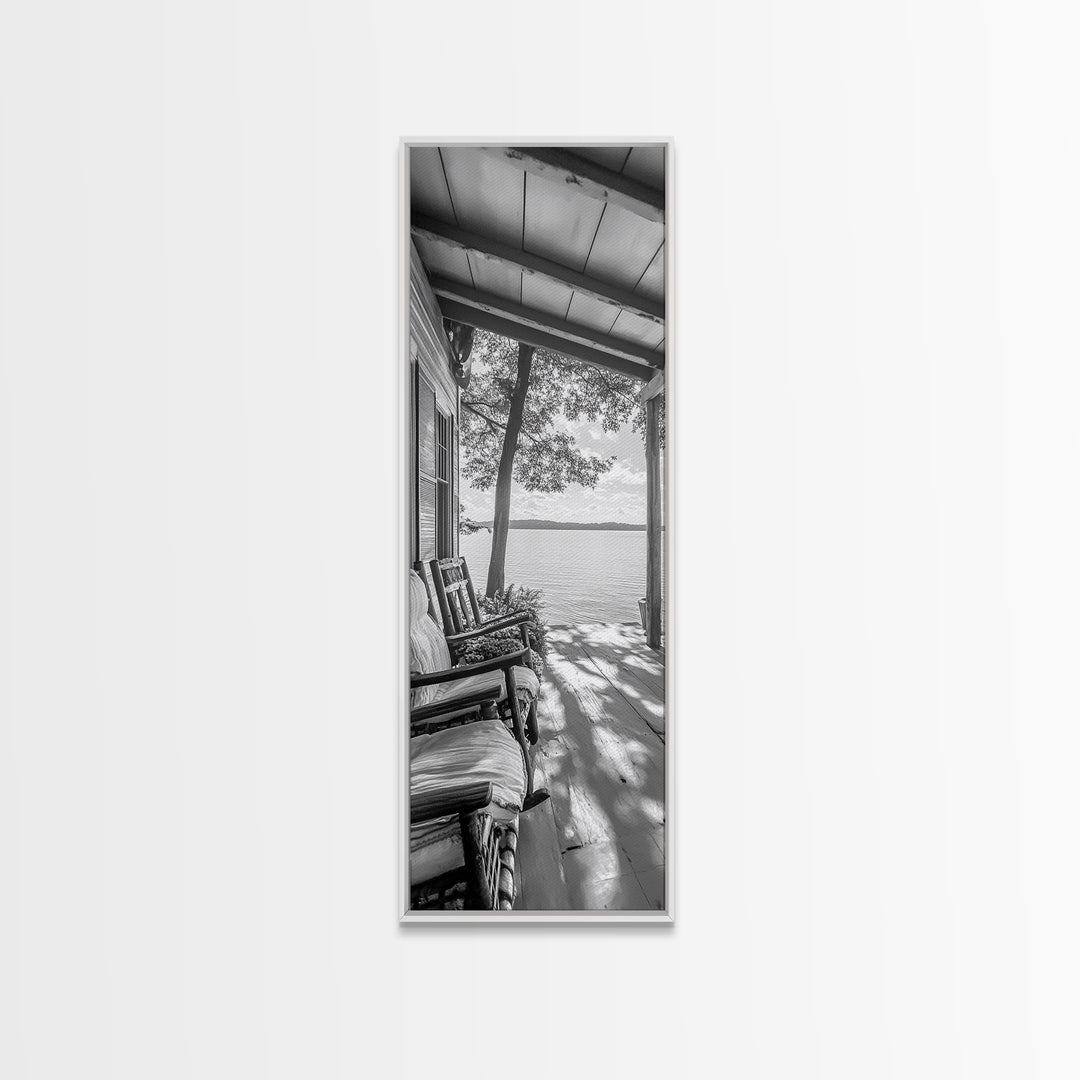 Lake Porch View, Rustic Charm, Cabin Vibes, Relaxing Nature Scene, Framed Canvas Print, Farmhouse Decor, Cozy Living Room Wall Art, Lakehouse Art