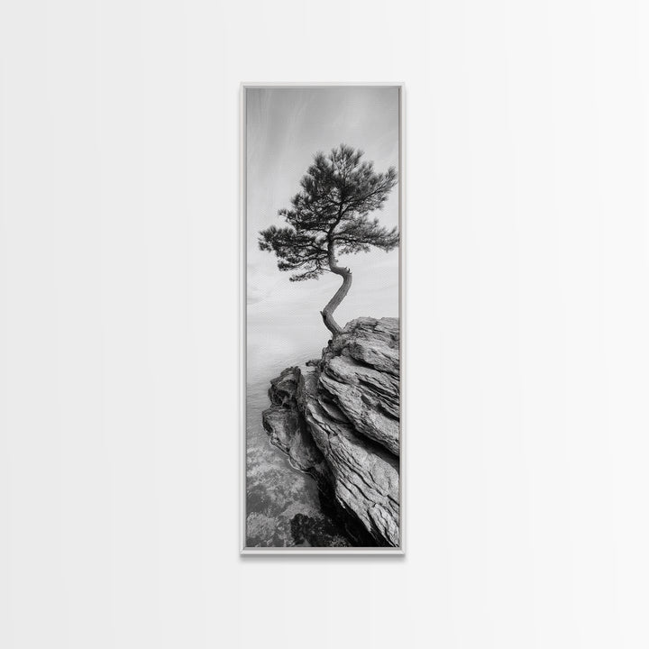 Lone Pine Tree, Minimal Nature, Tranquil Cliff Scene, Zen Forest Print, Framed Canvas Print, Japandi Wall Art, Entryway Tree Print, Nature Minimalism