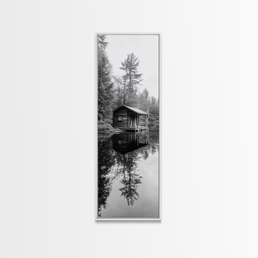 Cabin Reflection, Still Water, Forest Escape, Nature Retreat Art, Framed Canvas Print, Lakehouse Decor, Fall Cabin Scene, Cozy Rustic Wall Art