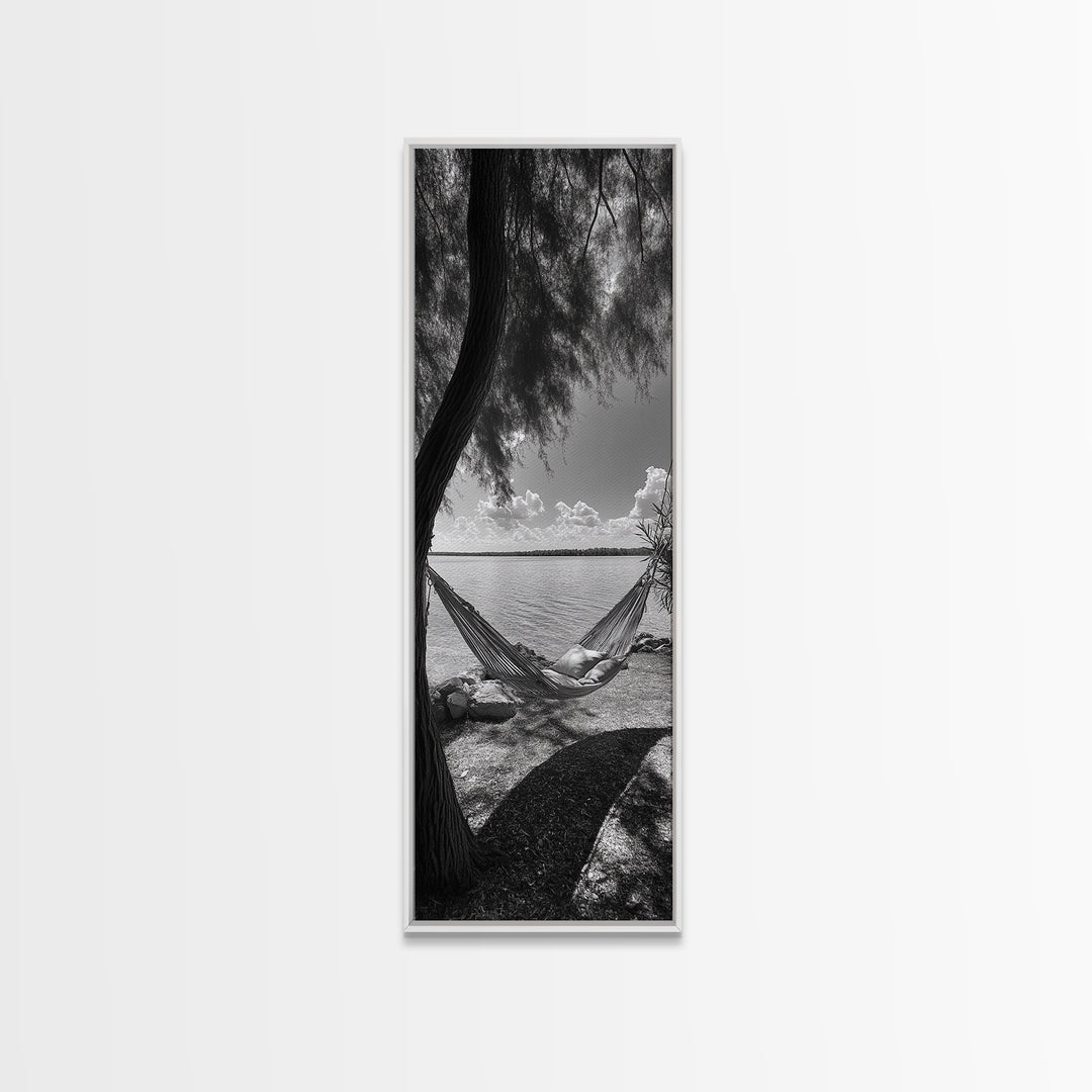 Hammock Dreams, Coastal Rest, Lakeside Retreat, Chill Vibes, Framed Canvas Print, Boho Wall Art, Serene Bedroom Art, Relaxation Inspired Decor