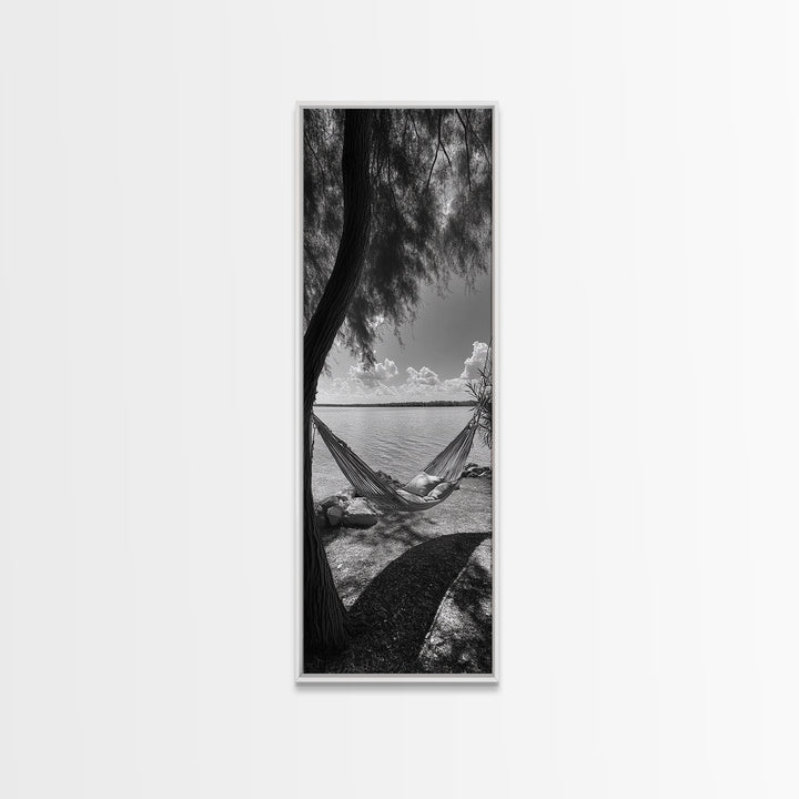 Hammock Dreams, Coastal Rest, Lakeside Retreat, Chill Vibes, Framed Canvas Print, Boho Wall Art, Serene Bedroom Art, Relaxation Inspired Decor