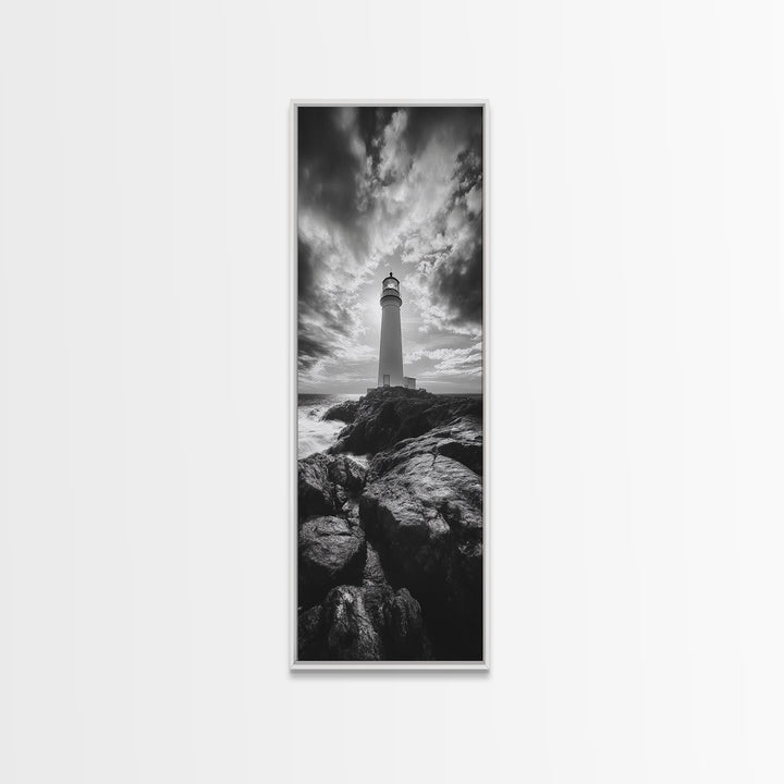 Coastal Beacon, Nautical Light, Ocean Landscape, Sunset Sky, Lighthouse Photography Framed Canvas Print, Living Room Nautical Wall Art