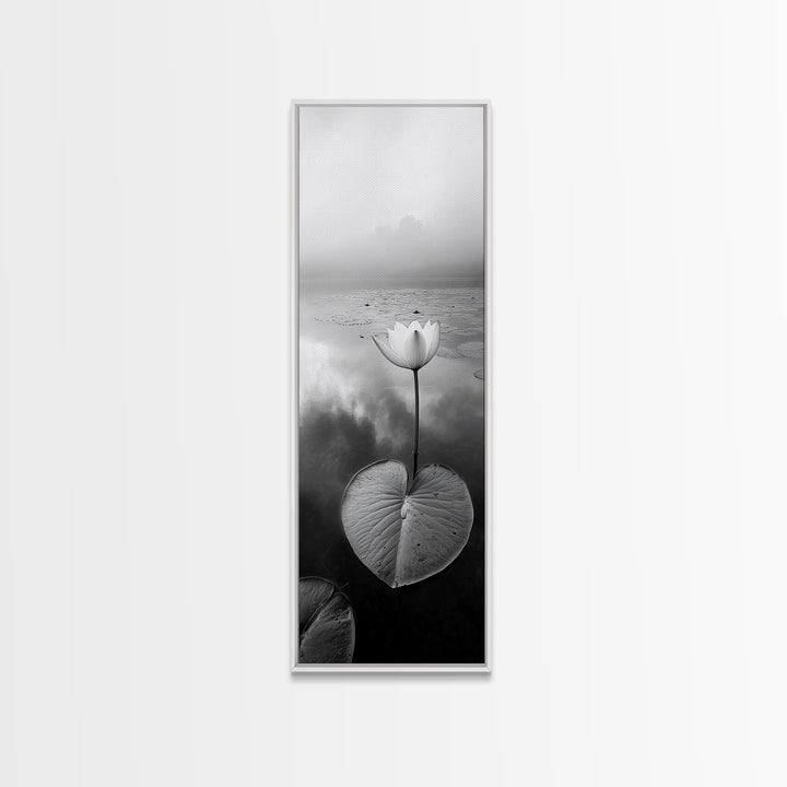 Minimalist Lotus, Zen Flower, Misty Pond, Tranquil Nature, Monochrome Botanical Framed Canvas Print, Bedroom Meditation Wall Decor