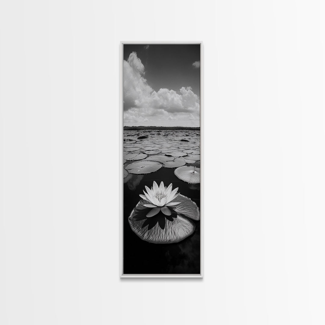 Water Lily Bloom, Lake Flowers, Lotus Petals, Peaceful Reflections, Botanical Art Framed Canvas Print, Spa Room Floral Wall Decor