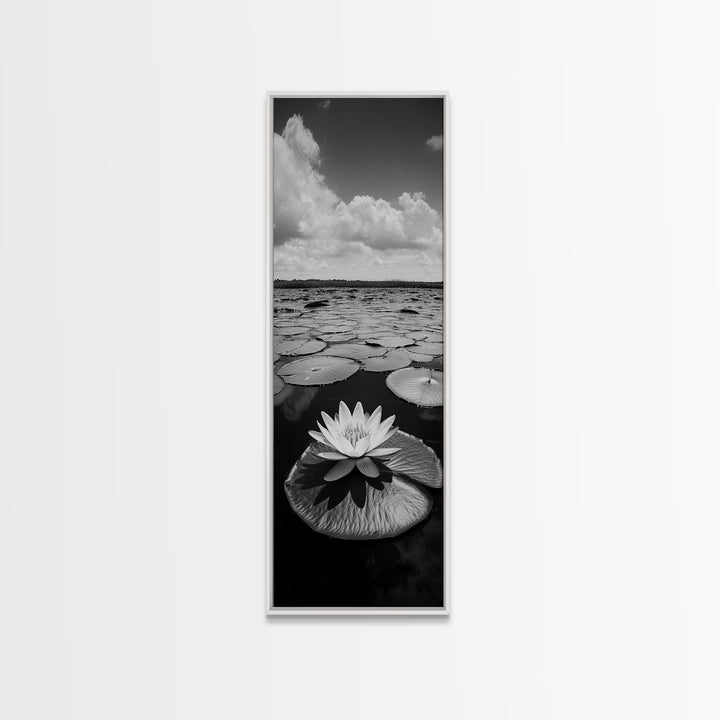 Water Lily Bloom, Lake Flowers, Lotus Petals, Peaceful Reflections, Botanical Art Framed Canvas Print, Spa Room Floral Wall Decor